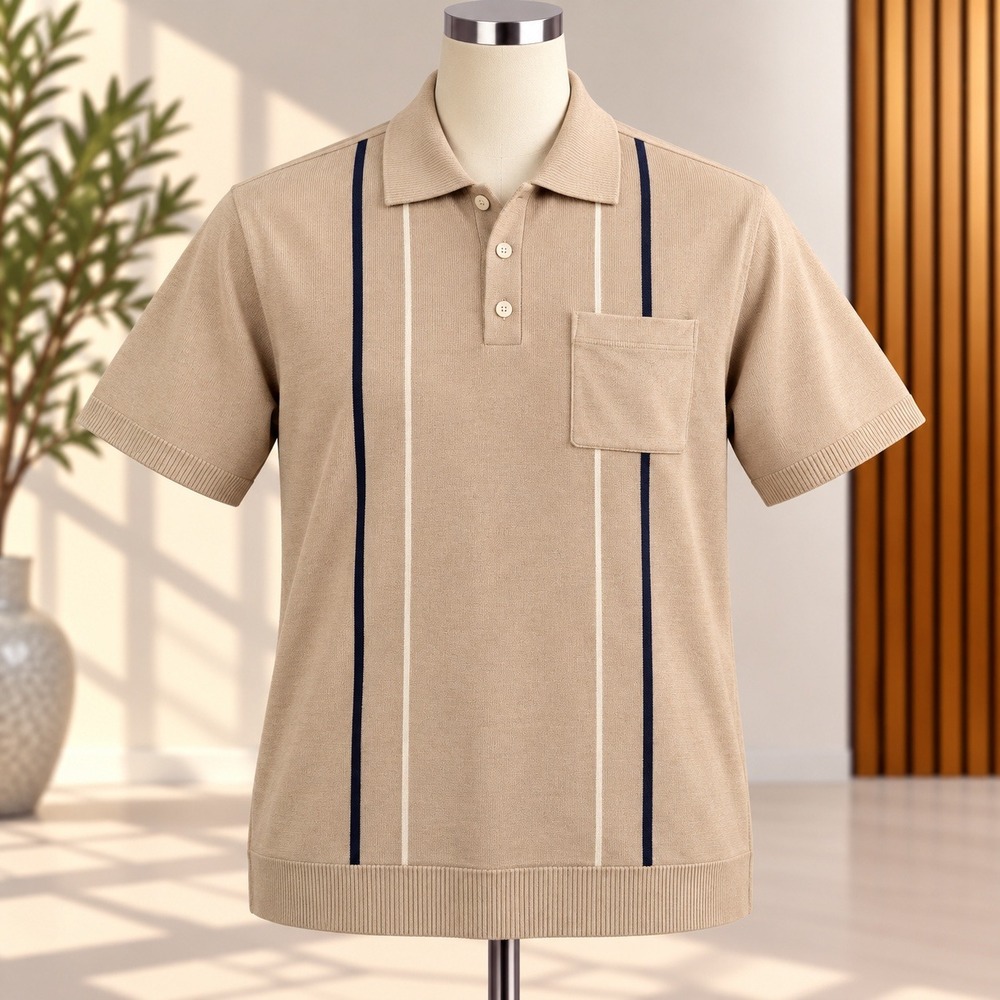 Ben Sherman Knit Polo Shirt Mens Medium Tan Vertical Stripe Retro Mod Pocket